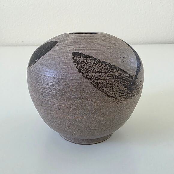 Vintage Studio Pottery Modernist Vase Round Brown Black Brushstroke Design - Picture 2 of 14